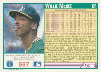 1991 Score #597 Willie McGee Back