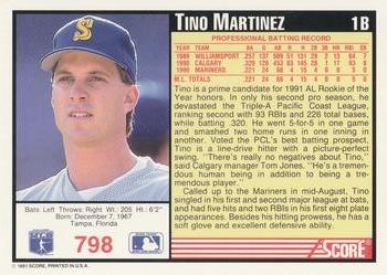 1991 Score #798 Tino Martinez Back
