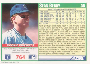 1991 Score #764 Sean Berry Back