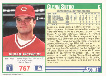 1991 Score #767 Glenn Sutko Back