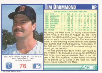 1991 Score #76 Tim Drummond Back