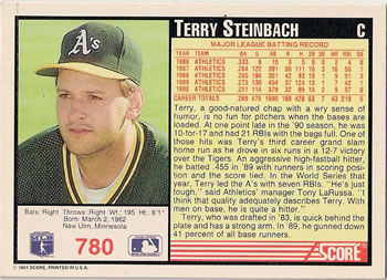 1991 Score #780 Terry Steinbach Back