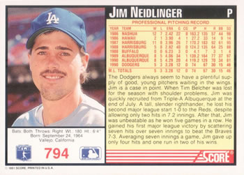 1991 Score #794 Jim Neidlinger Back