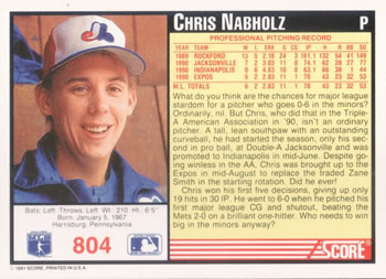 1991 Score #804 Chris Nabholz Back