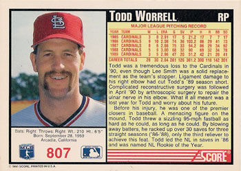 1991 Score #807 Todd Worrell Back