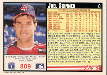 1991 Score #809 Joel Skinner Back