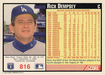 1991 Score #816 Rick Dempsey Back
