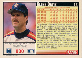 1991 Score #830 Glenn Davis Back