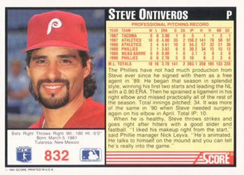 1991 Score #832 Steve Ontiveros Back