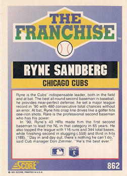 1991 Score #862 Ryne Sandberg Back