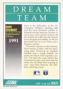 1991 Score #883 Dave Stewart Back