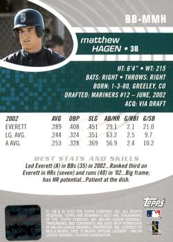 2003 Bowman's Best #BB-MNH Matthew Hagen Back