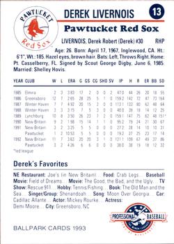 1993 Ballpark Cards Pawtucket Red Sox #13 Derek Livernois Back