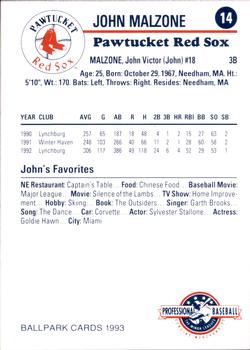 1993 Ballpark Cards Pawtucket Red Sox #14 John Malzone Back
