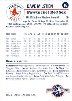 1993 Ballpark Cards Pawtucket Red Sox #16 Dave Milstien Back