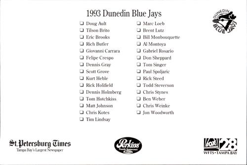 1993 Perkins Dunedin Blue Jays #NNO 1993 Dunedin Blue Jays Back
