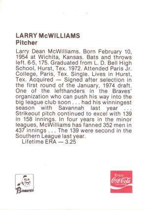 1978 Coca-Cola Atlanta Braves #NNO Larry McWilliams Back