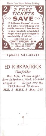 1965 Universal Match County National Bank Los Angeles Angels Matchbooks #NNO Ed Kirkpatrick Back