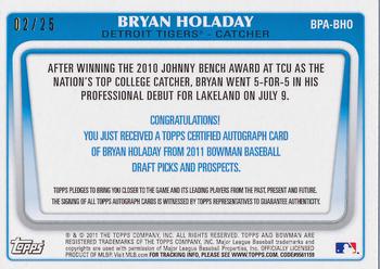 2011 Bowman Draft Picks & Prospects - Prospects Autographs Red #BPA-BHO Bryan Holaday Back