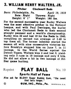 1977 1941 Play Ball Reprint #10 Bucky Walters Back