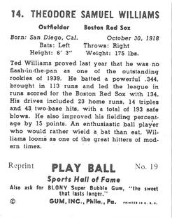 1977 1941 Play Ball Reprint #19 Ted Williams Back