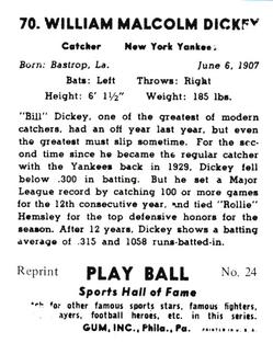 1977 1941 Play Ball Reprint #24 Bill Dickey Back