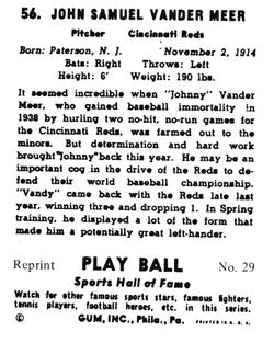 1977 1941 Play Ball Reprint #29 Johnny Vander Meer Back