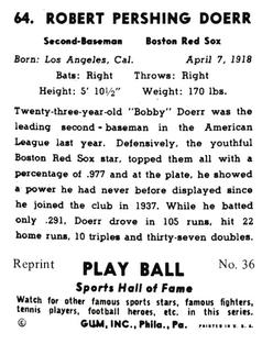 1977 1941 Play Ball Reprint #36 Bobby Doerr Back
