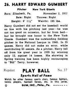 1977 1941 Play Ball Reprint #37 Harry Gumbert Back