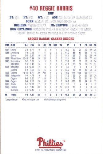 1997 Philadelphia Phillies Photocards #NNO Reggie Harris Back