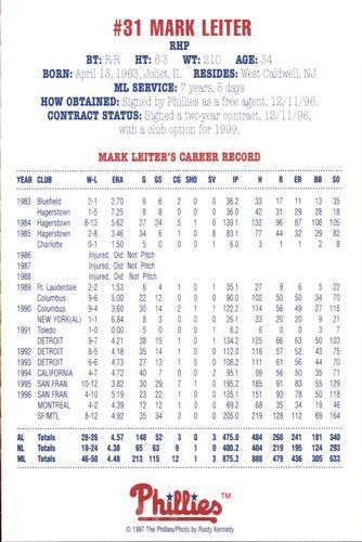 1997 Philadelphia Phillies Photocards #NNO Mark Leiter Back