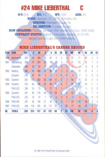 1998 Philadelphia Phillies Photocards #NNO Mike Lieberthal Back