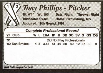 1993 Cal League Riverside Pilots #13 Tony Phillips Back