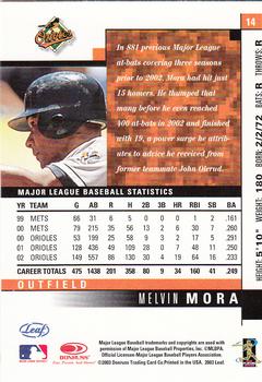 2003 Leaf #14 Melvin Mora Back
