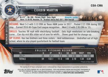 2017 Bowman Draft - Chrome Draft Pick Autographs Blue Wave Refractor #CDA-CMA Corbin Martin Back