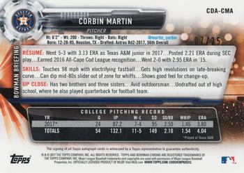 2017 Bowman Draft - Chrome Draft Pick Autographs Orange Refractor #CDA-CMA Corbin Martin Back