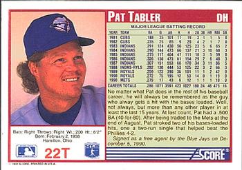 1991 Score Rookie & Traded #22T Pat Tabler Back