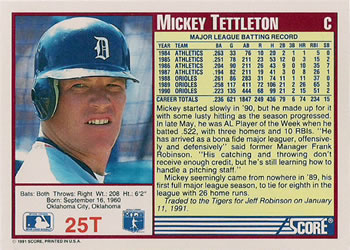 1991 Score Rookie & Traded #25T Mickey Tettleton Back