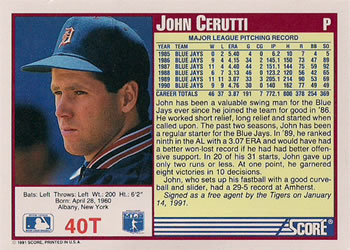 1991 Score Rookie & Traded #40T John Cerutti Back