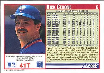 1991 Score Rookie & Traded #41T Rick Cerone Back