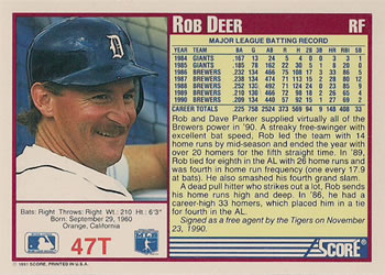 1991 Score Rookie & Traded #47T Rob Deer Back