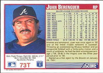 1991 Score Rookie & Traded #73T Juan Berenguer Back