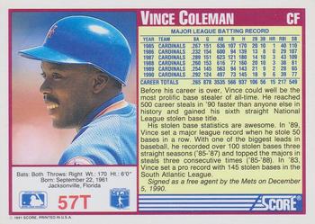 1991 Score Rookie & Traded #57T Vince Coleman Back