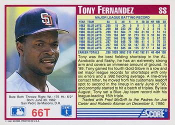 1991 Score Rookie & Traded #66T Tony Fernandez Back