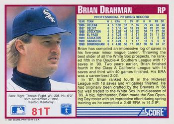1991 Score Rookie & Traded #81T Brian Drahman Back