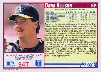 1991 Score Rookie & Traded #94T Dana Allison Back