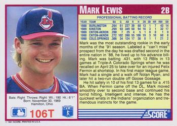 1991 Score Rookie & Traded #106T Mark Lewis Back