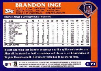 2003 Topps #139 Brandon Inge Back