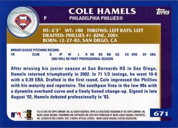 2003 Topps #671 Cole Hamels Back