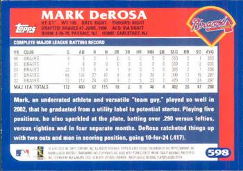 2003 Topps #598 Mark Derosa Back